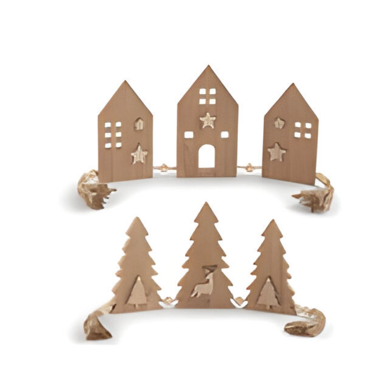 Casas y árboles de Navidad decorativos, 3 piezas cada uno, madera, 59x18x2cm/ 56x18x2cm, 1 pieza, marrón Zaun, Holz, Spielzeug, Architektur, Gebäude