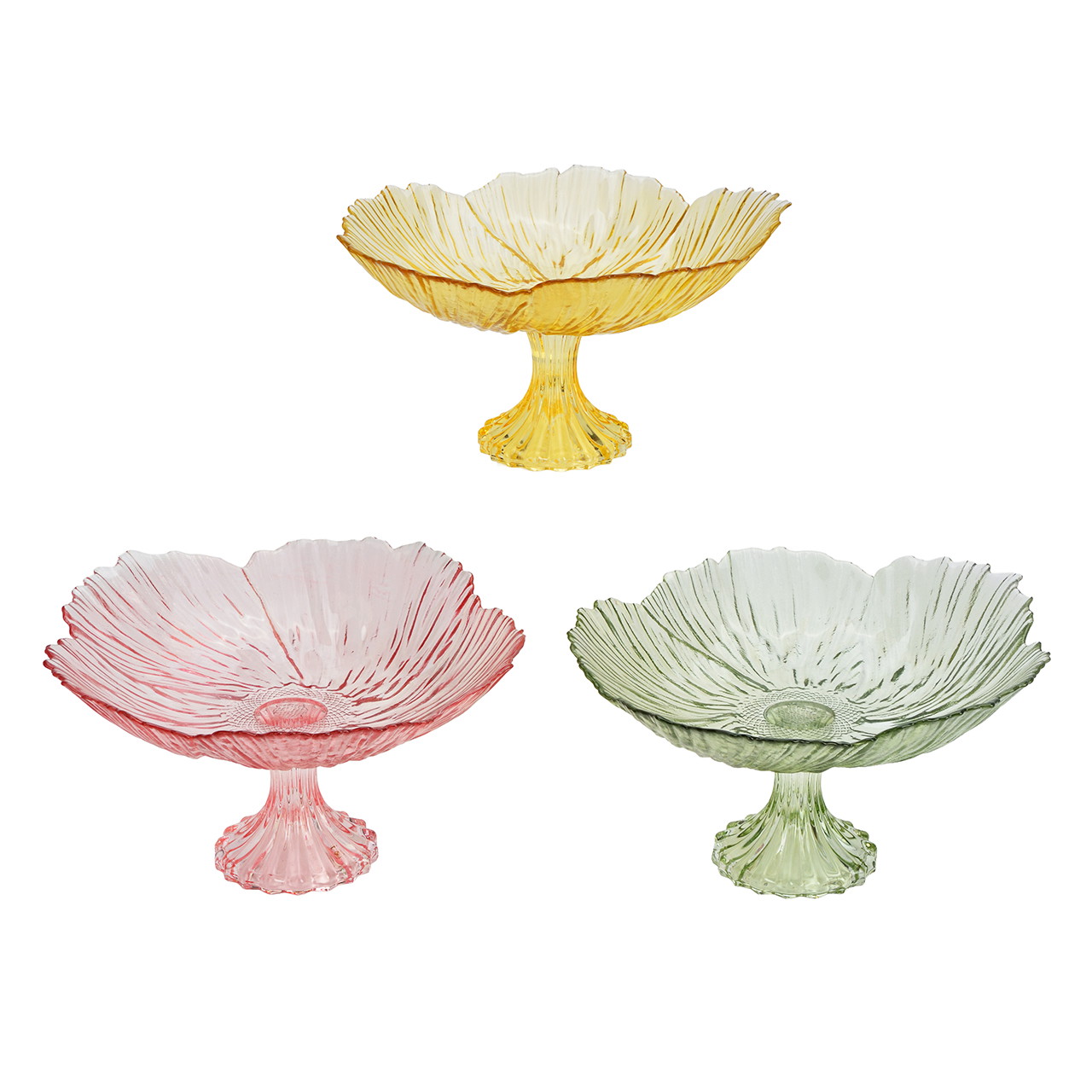 Decoratieve glazen bloemenbordjes, geel, 3-delige set (B/H/D) 26x15x26 cm Glasschale, Prunkglas-Schale, buntes Glas, Standfuß-Behälter, gerippter Rand
