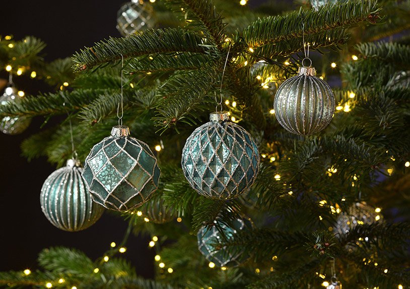 Weihnachtskugel Glitter aus Glas Türkis, silber 4-fach, (B/H/T) 8x8x8cm
