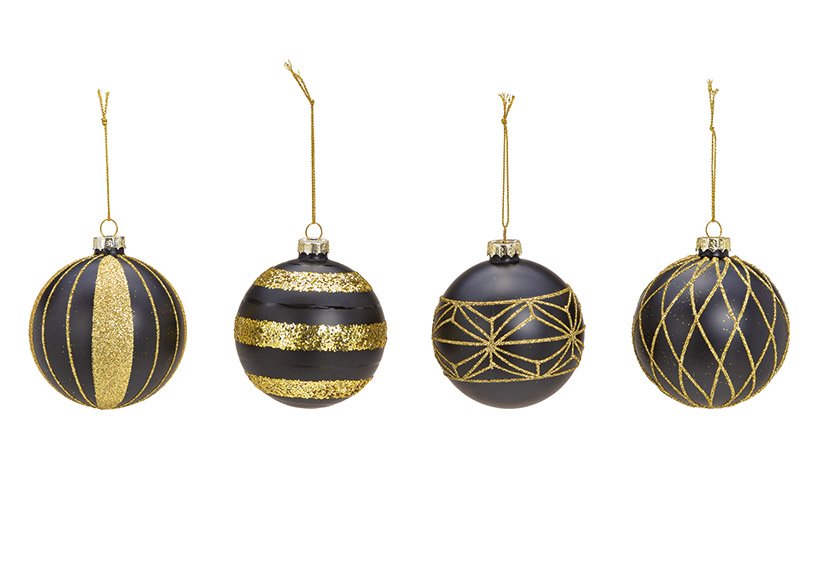 Kerstbal glitter decoratie van glas zwart, goud 4-voudig, Ø8cm