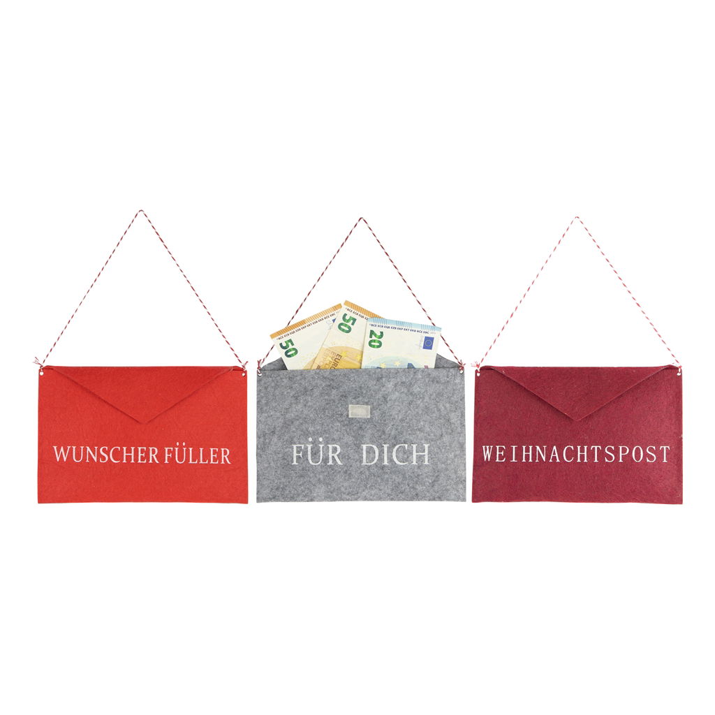 Busta per piccoli regali 3 motivi assortiti, feltro, 21x0,5x13,5 cm, 1 pz, rosso, bordeaux, grigio Briefumschlag, Post