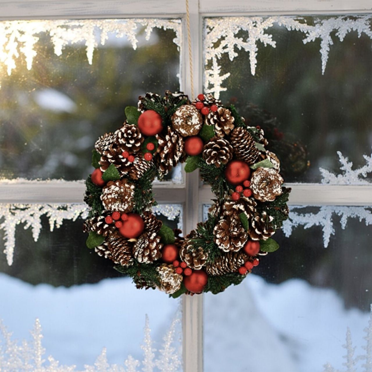 Suspension couronne de Noël en plastique, pomme de pin multicolore (L/H/P) 30x30x7cm