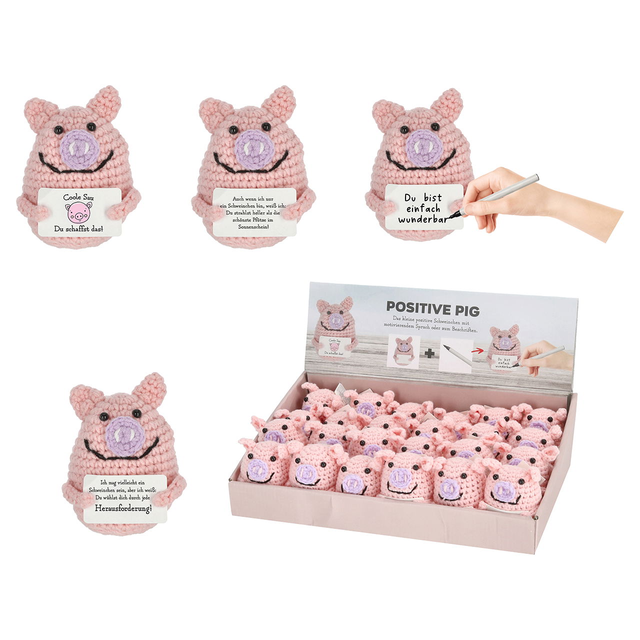 Positive Pig, Cochon en textile à crocheter, 4 fois, rose/rose (L/H/P) 6x9x6cm 3x avec slogan, 1x à écrire Présentoir de 24 pièces Plüsch, Spielzeug, Stift, Leute, Bär