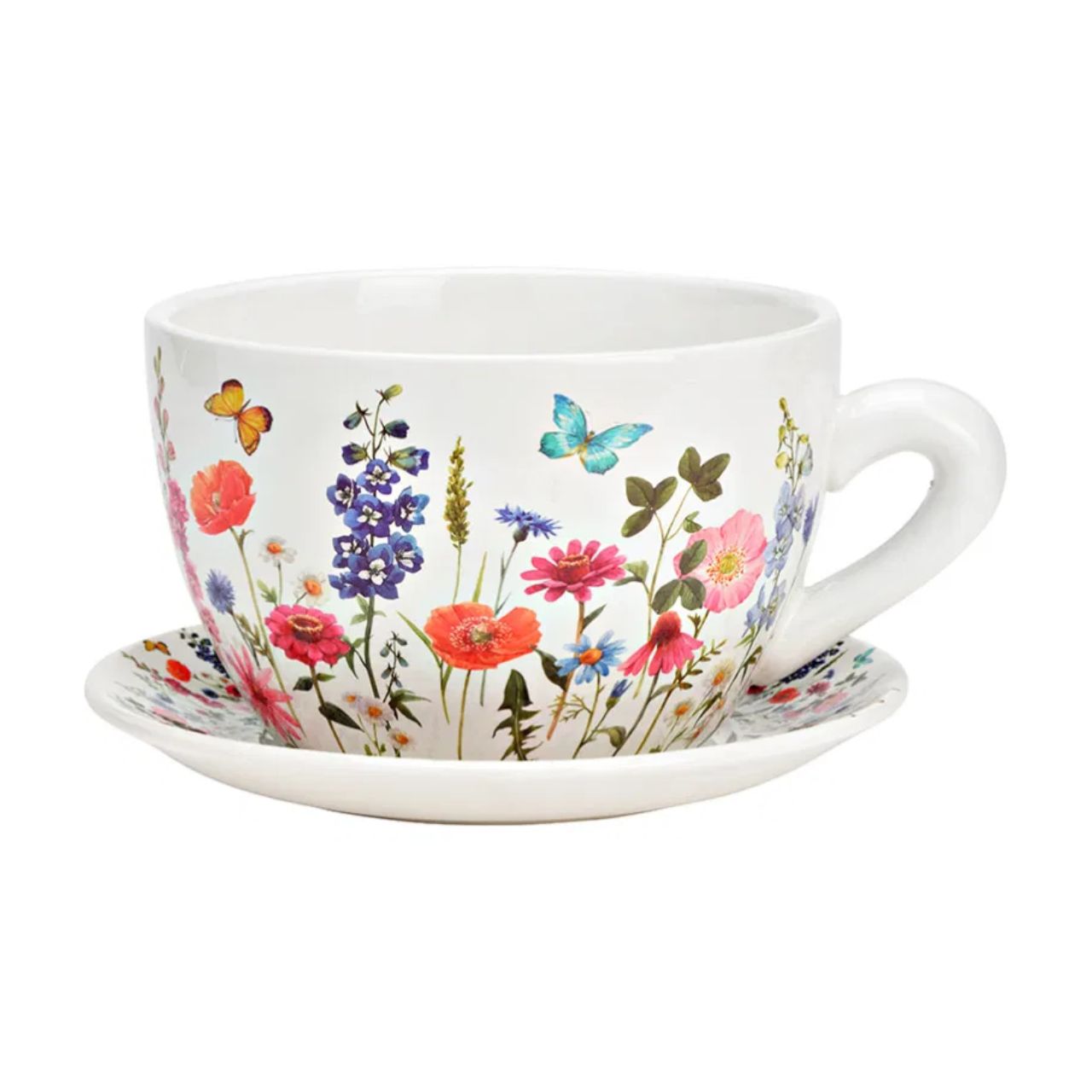 Pflanztasse Blumen Dekor aus Keramik, Bunt (B/H/T) 20x12x15cm Untertasse, Tasse, Kunst, Porzellan, Töpferei