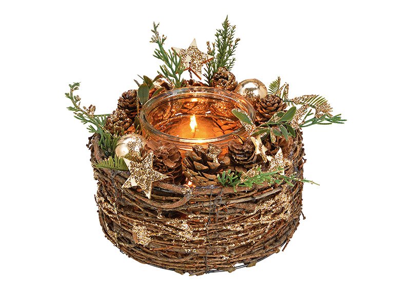 Teelichthalter Weihnachtsdekor aus Holz, Kunststoff, Glas Braun (B/H/T) 20x12x20cm