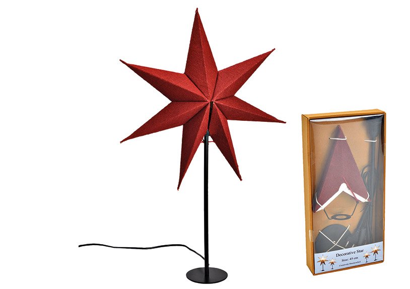 Lampe sur pied étoile lumineuse 7 branches 45cm en papier/carton, jute, métal bordeaux (L/H/P) 45x66x15cm