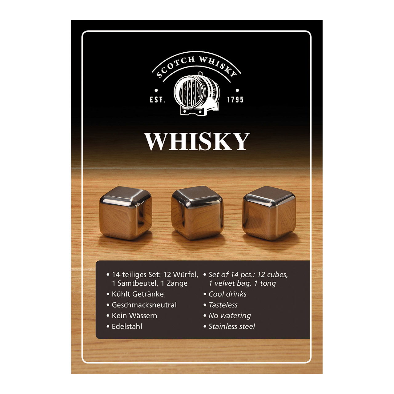 Set di 12 cubetti di ghiaccio per whisky in acciaio inox da 2,7 cm, 12 cubetti, incl. pinze + sacchetto di velluto, in scatola di legno