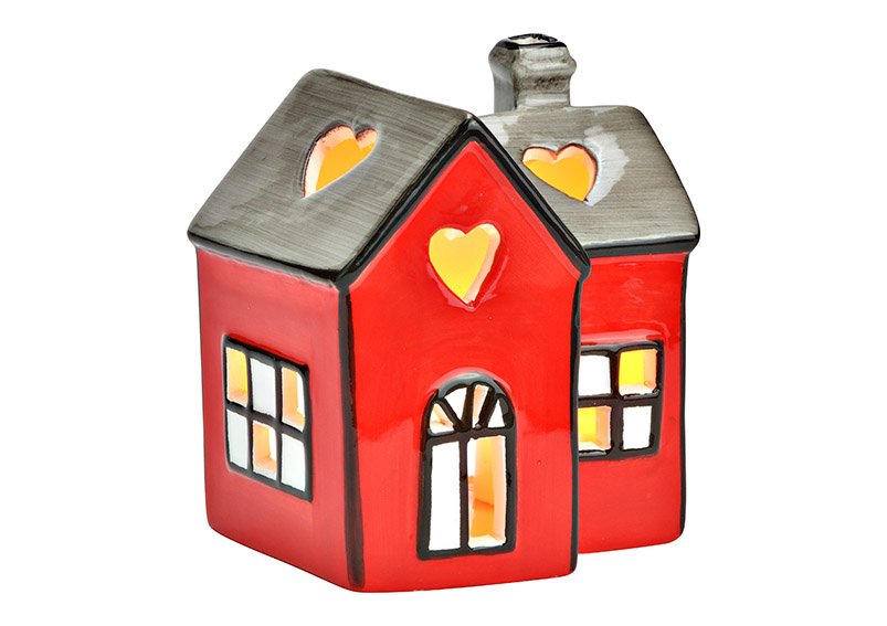Teelichthalter Haus aus Keramik grau, rot (B/H/T) 10x12x8cm