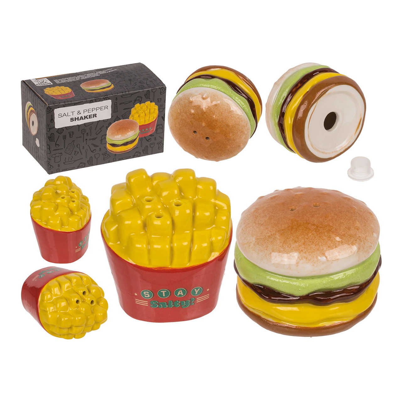 Salz/Pfefferstreuer Burger und Pommes, 2-er Set, aus Keramik bunt (B/H/T) 5x4x5cm