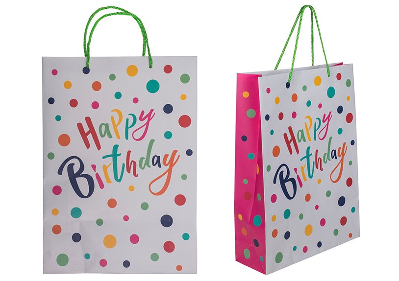 Sac cadeau, Happy Birthday avec points multicolores en papier/carton gris (L/H/P) 25x34x8cm