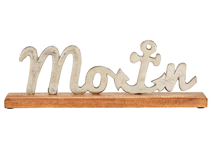 Aufsteller Schriftzug Moin Maritim Dekor, auf Mangoholz Sockel, aus Metall Silber (B/H/T) 40x13x5cm