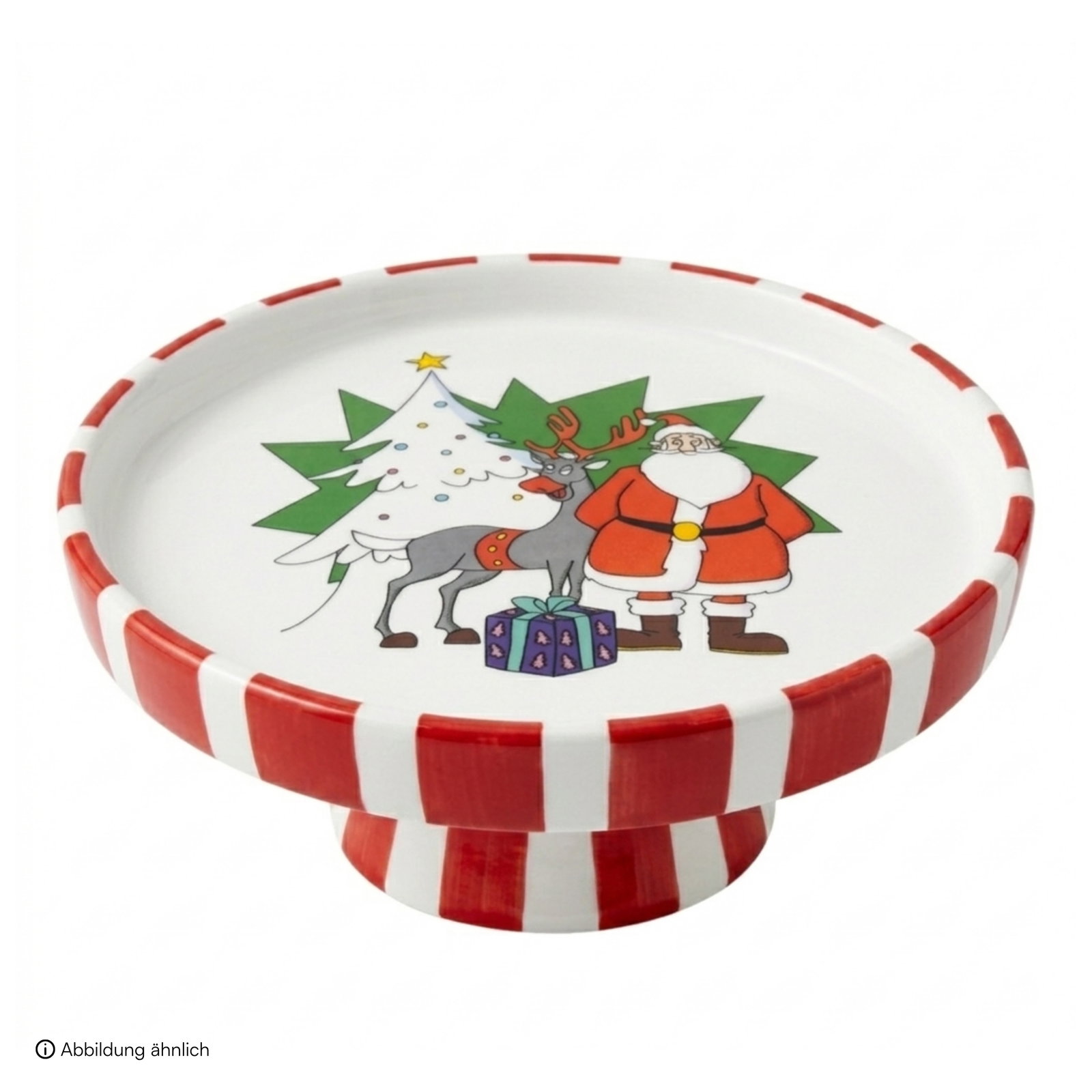 Weihnachtsmann & Co. KG Servierplatte auf Sockel aus Keramik, Rot (B/H/T) 17x6x17cm Weihnachts-Schüssel, Dessertschale, Rot-weiß Streifen, Santa Claus, Rentier, Porzellanteller, Weihnachtsmotiv, Roter Streifenrand, Santa-claus, Rentierteller