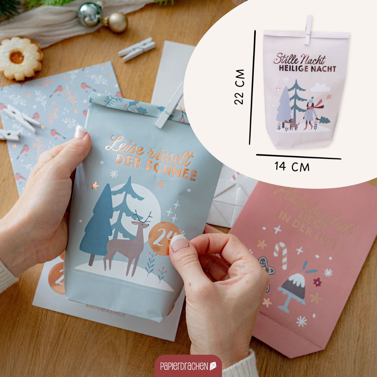 Adventskalender, Paketverpackung, Winterdesign, Schneemotiv, Kalenderinhalt