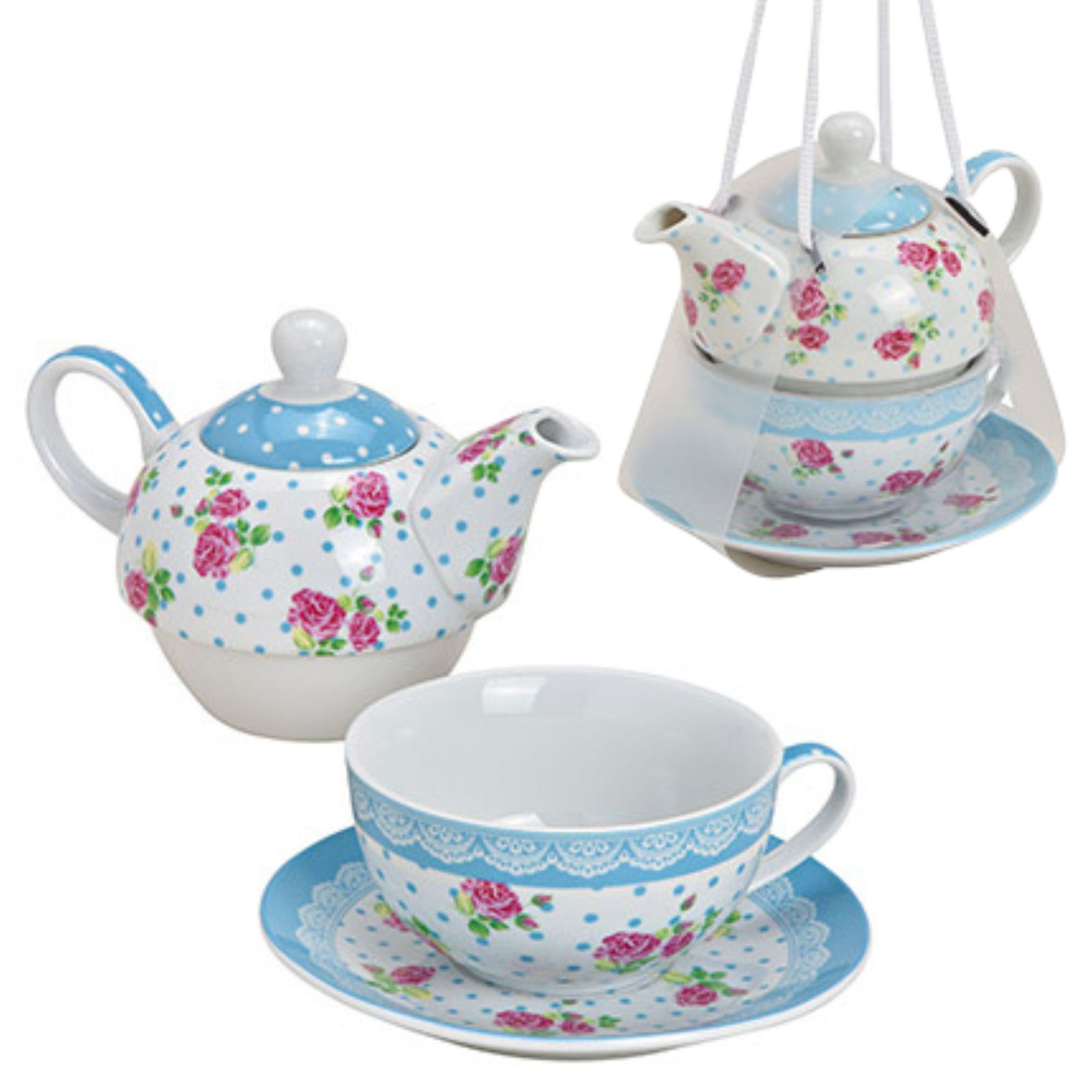 Teekannen-Set Rosen Dekor aus Porzellan Blau 3er Set Töpferei, Kochgeschirr, Topf, Teekanne, Porzellan