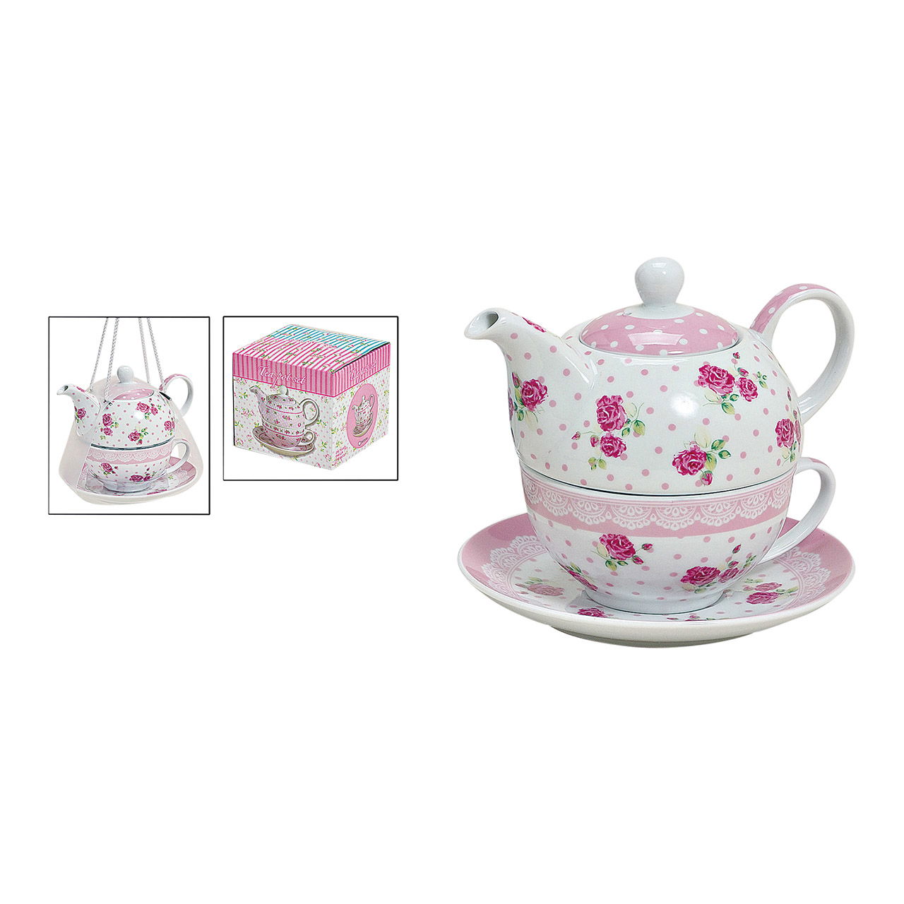 Teekannen-Set mit Tasse+Teller Rose aus Porzellan Teekannen-Set mit Tasse+Teller Rose aus Porzellan