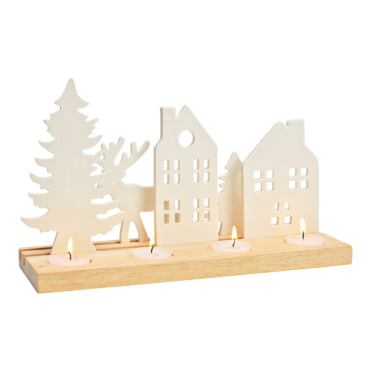 Adventsgesteck Haus/Baum/Hirsch Dekor aus Porzellan/Holz, Weiß (B/H/T) 30x18x10cm