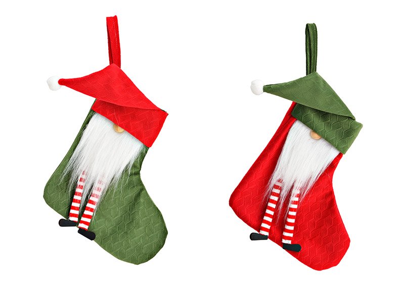 Calza di Natale elfo in tessuto verde, rosso 2 pieghe, (L/H/D) 18x29x2cm