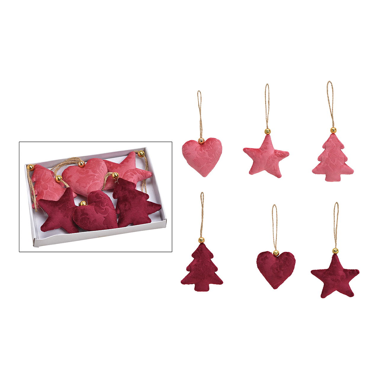 Set appendiabiti albero, cuore, stella 6x7x2cm in tessuto bordeaux, rosa set da 6, (L/H/D) 17x12x2cm