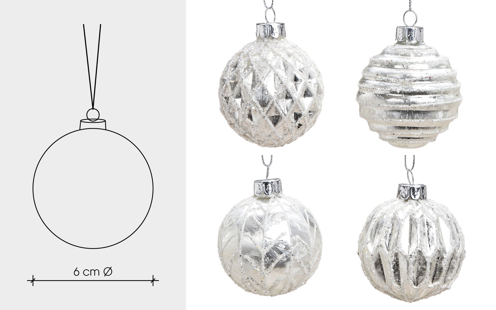 Xmas ball, glittery, white, silver, 4 asst. 6x6x6cm