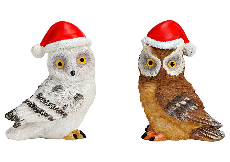 Owl with Christmas hat from poly brown, white 2-fold, (W/H/D) 4x5x3cm