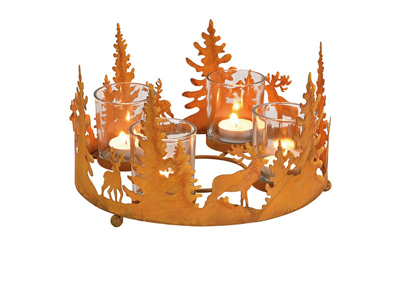 Advent wreath winter forest, rusty finish tealight holder for 4 tealights made of metal, glass brown (w / h / d) 25x13x25cm