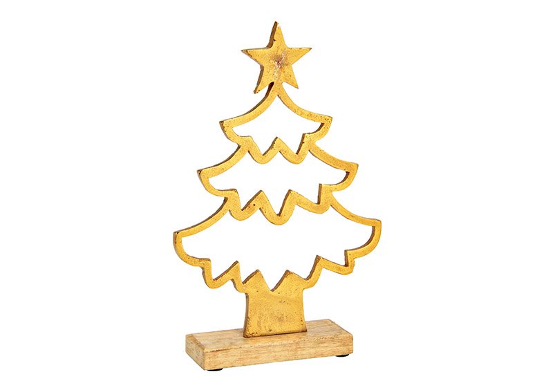 Christmas tree on mango wood base metal gold (W/H/D) 17x26x5cm