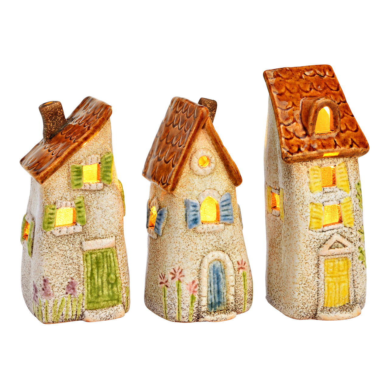 LED Lichthaus Blumen Dekor aus Steingut, 3-fach, Natur (B/H/T) 6x13x5cm (exkl. 2xLR44)