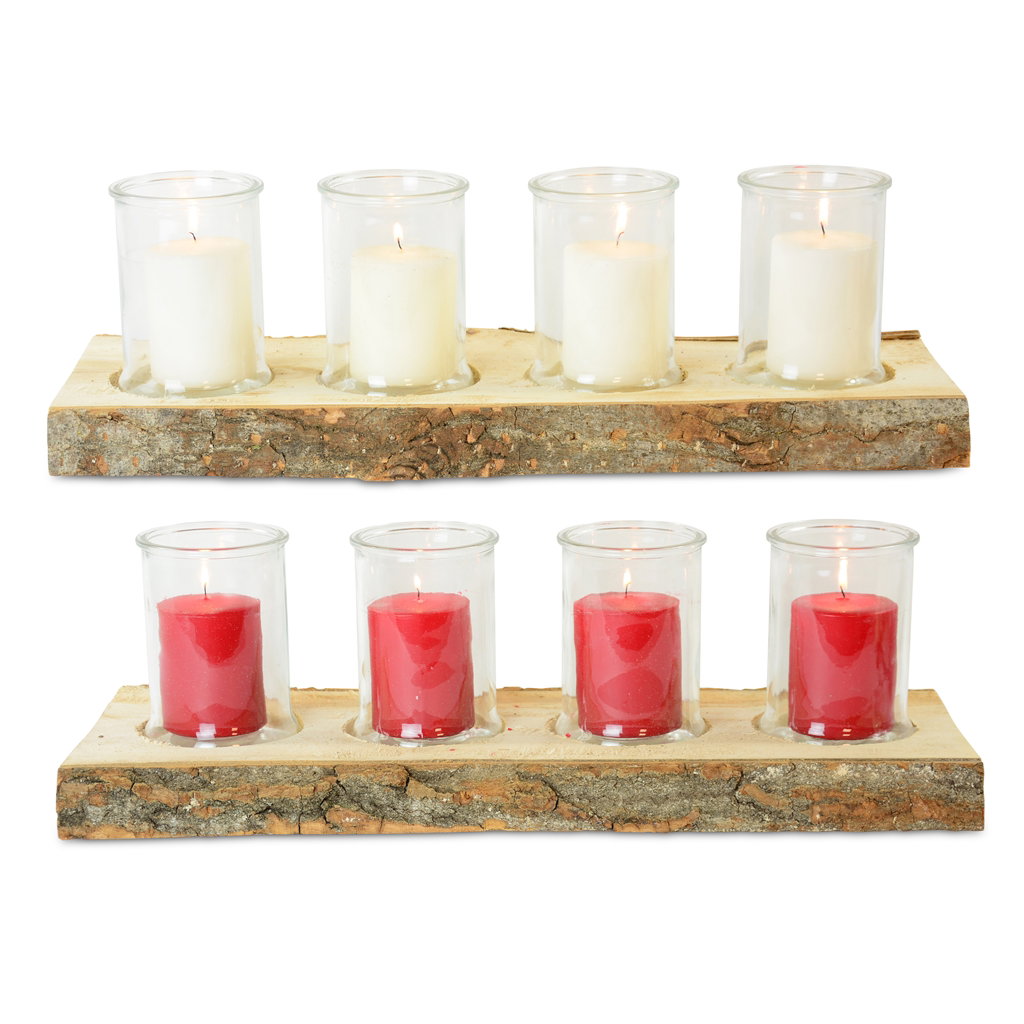 Advent candlestick on trunk with glass and candle filling white+burgundy (on 1/2 wooden pallet, wood, 56x19 cm, 1 pc, , @ Kerze