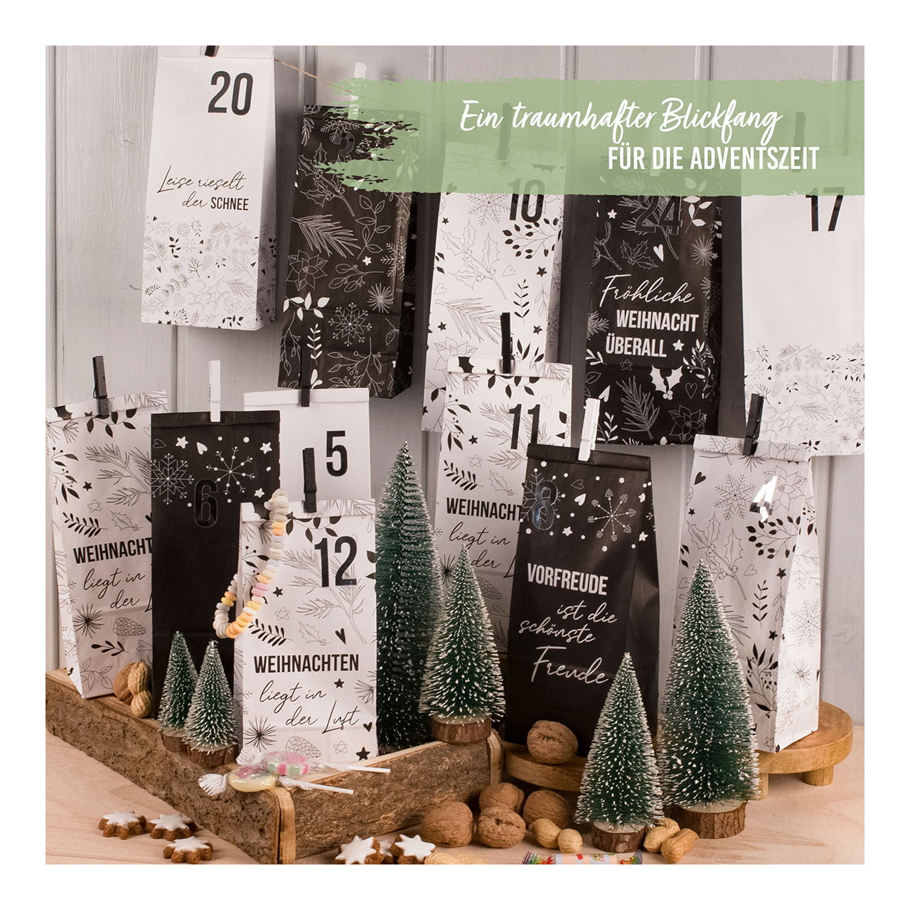 Set de bricolage calendrier de l'Avent, 24 sacs en papier imprimés 10x25x7cm, 24 pinces en bois 4,5cm, 24 autocollants chiffres 72-er set, en papier/carton noir, blanc (l/h/p) 24x34x1cm