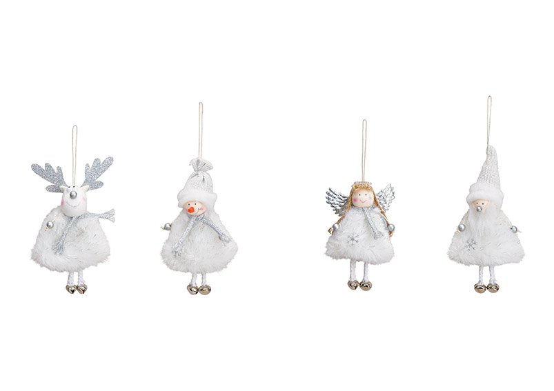 Suspension Père Noël, bonhomme de neige, élan, ange, en textile blanc, argenté 4 fois, (L/H/P) 6x12x3cm