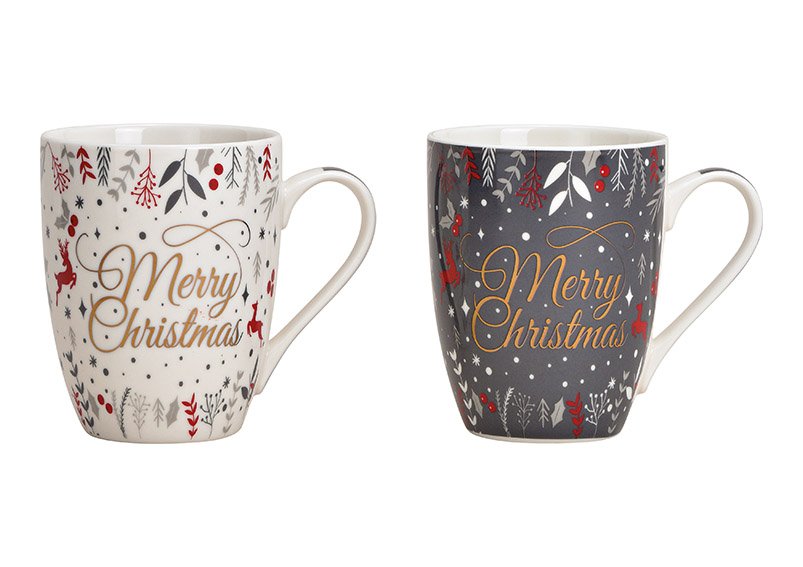 Mug merry christmas porcelain grey/white/gold 2-asst. 12x10x8cm