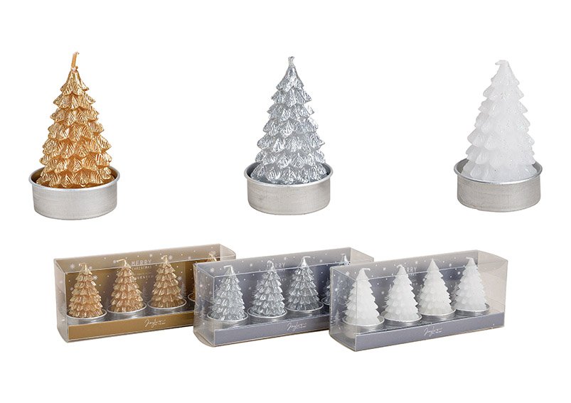 Tealight set, fir tree 4x6x4cm, made of wax white, gold, silver set of 4, 3-fold, 18x7x5cm