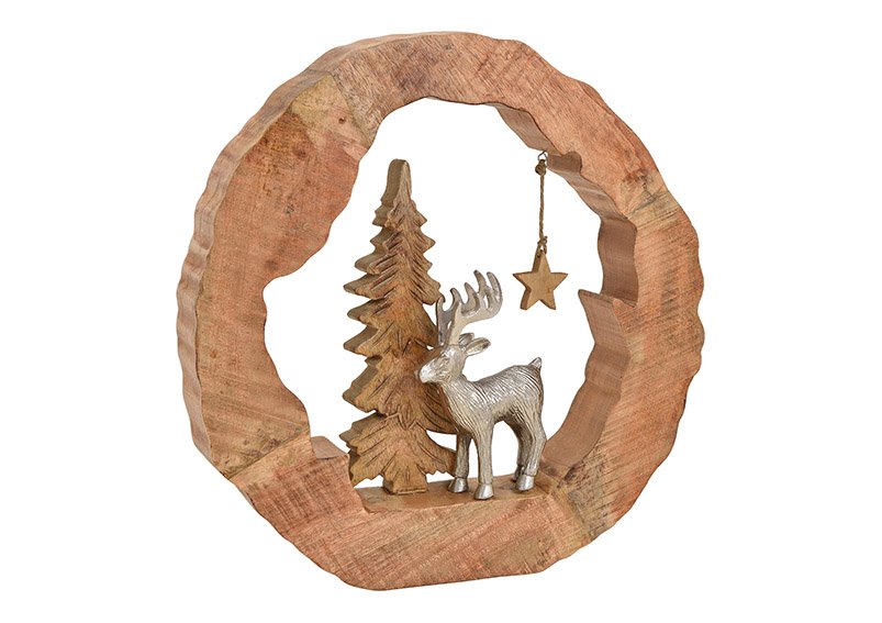 Aufsteller Elch aus Metall mit Baum im Ring aus Mangoholz Braun (B/H/T) 45x48x8cm