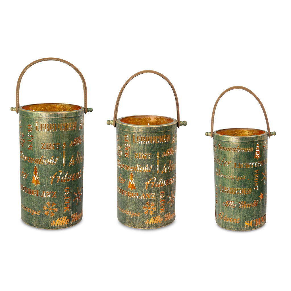 Juego de farolillos con letras, metal, 20x20x36 cm / 18x18x30 cm / 15x15x26 cm, 3 piezas/set, verde-dorado EAN 15x15x26cm: 4065557000534 EAN 18x18x30cm: 4065557000527 EAN 20x20x38cm: 4004942192294 Eimer