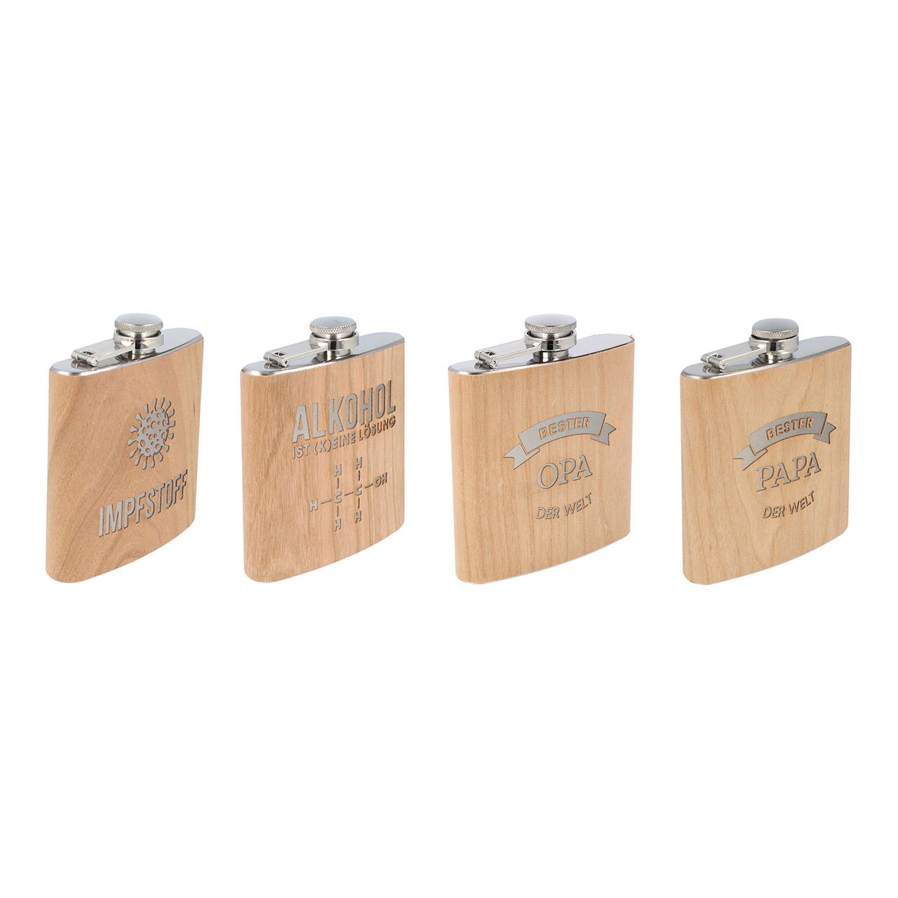 Hip flask with lettering made of natural wood 4-fold, (W/H/D) 10x12x3cm 150ml