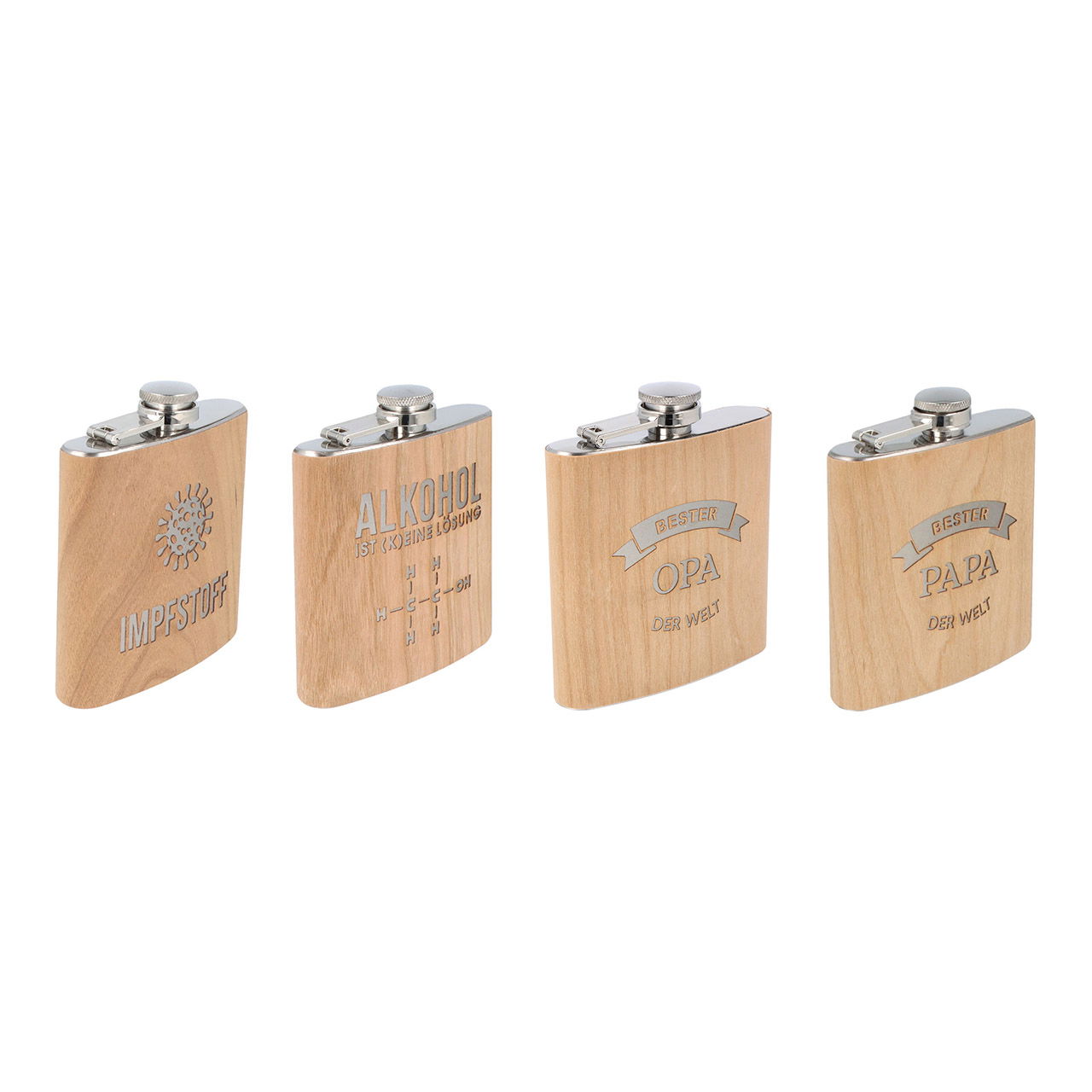 Flachmann mit Schriftzug aus Holz natur 4-fach, (B/H/T) 10x12x3cm 150ml Flachmann mit Schriftzug aus Holz natur 4-fach, (B/H/T) 10x12x3cm 150ml