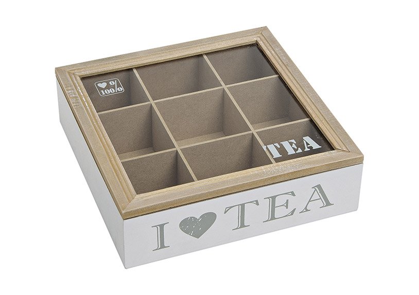 Teabox wood/glass 24x24x7 cm i love tea