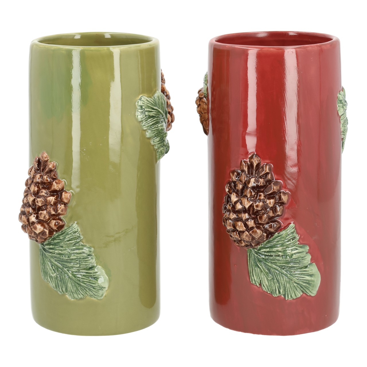 Vase, Keramik, Kiefernnadel, grüne Glasur, rote Glasur