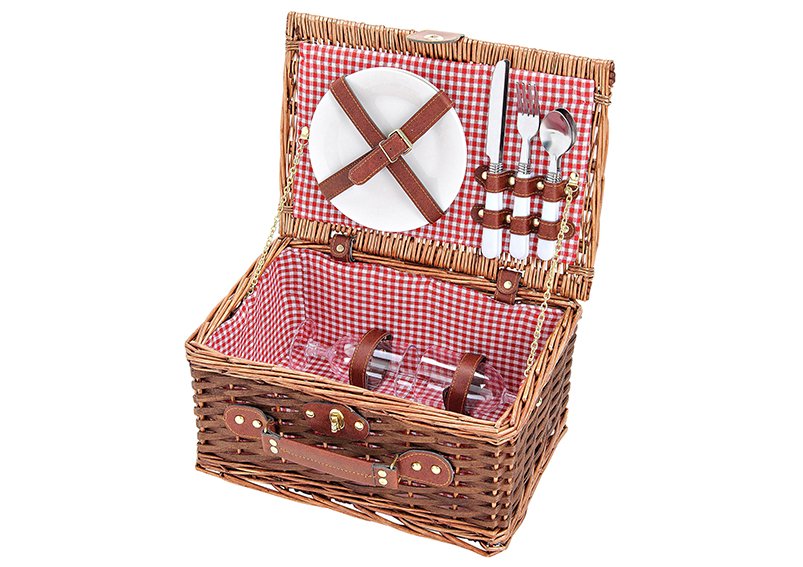 Picknickkorb für 2 Personen aus Weide, rot karriert, 11-teilig, (B/H/T) 36x18x25 cm
