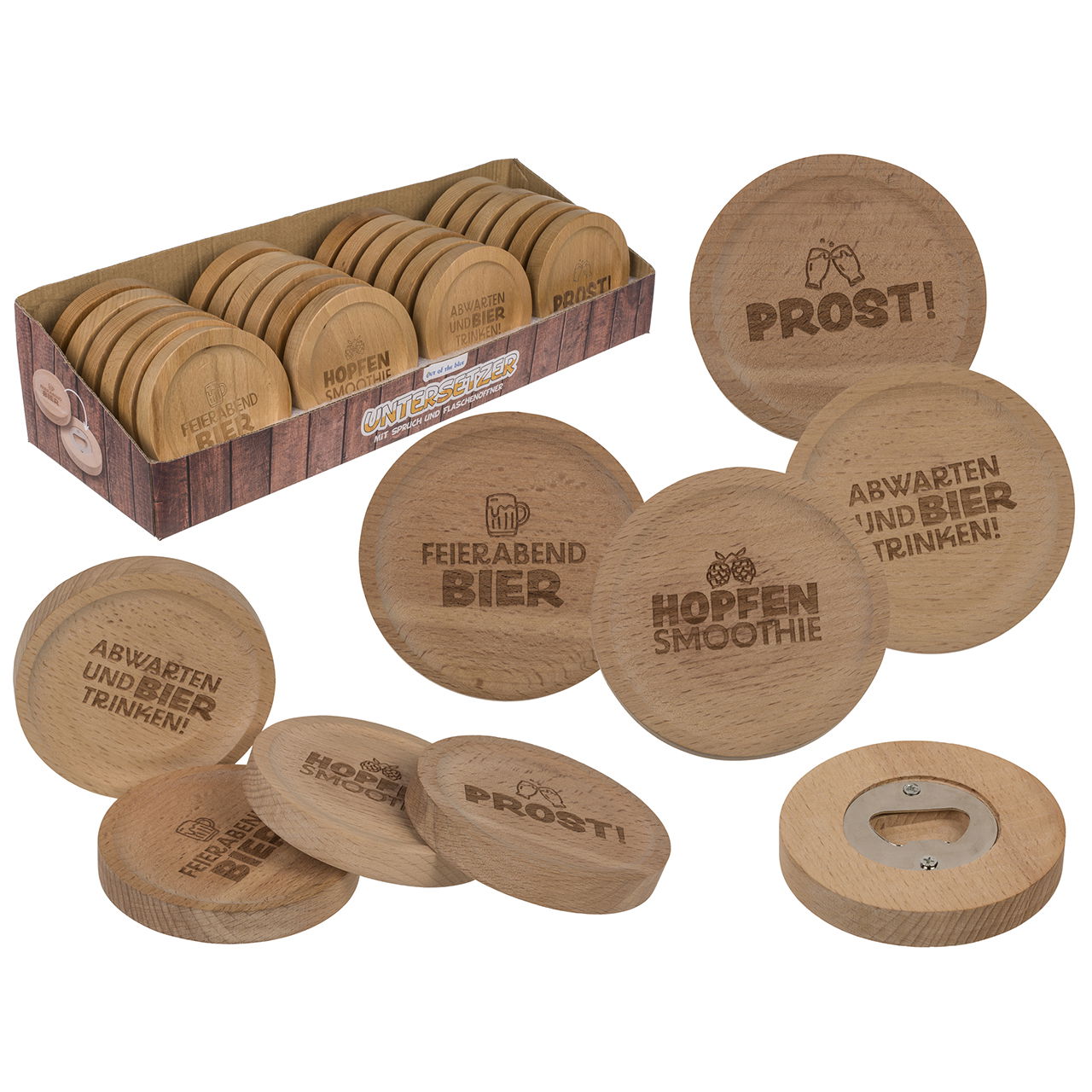 Untersetzer mit Spruch und Flschenöffner aus Holz, 4-fach, Natur (B/H/T) 8x1x8cm 24stk. im Display