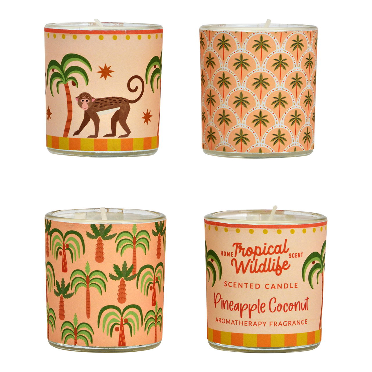 Windlicht mit Duftkerze aus Glas, 4er-Set, 3-fach, Gelb/Orange/Pink (B/H/T) 4x5x4cm Essen, Süßigkeiten, Kiste