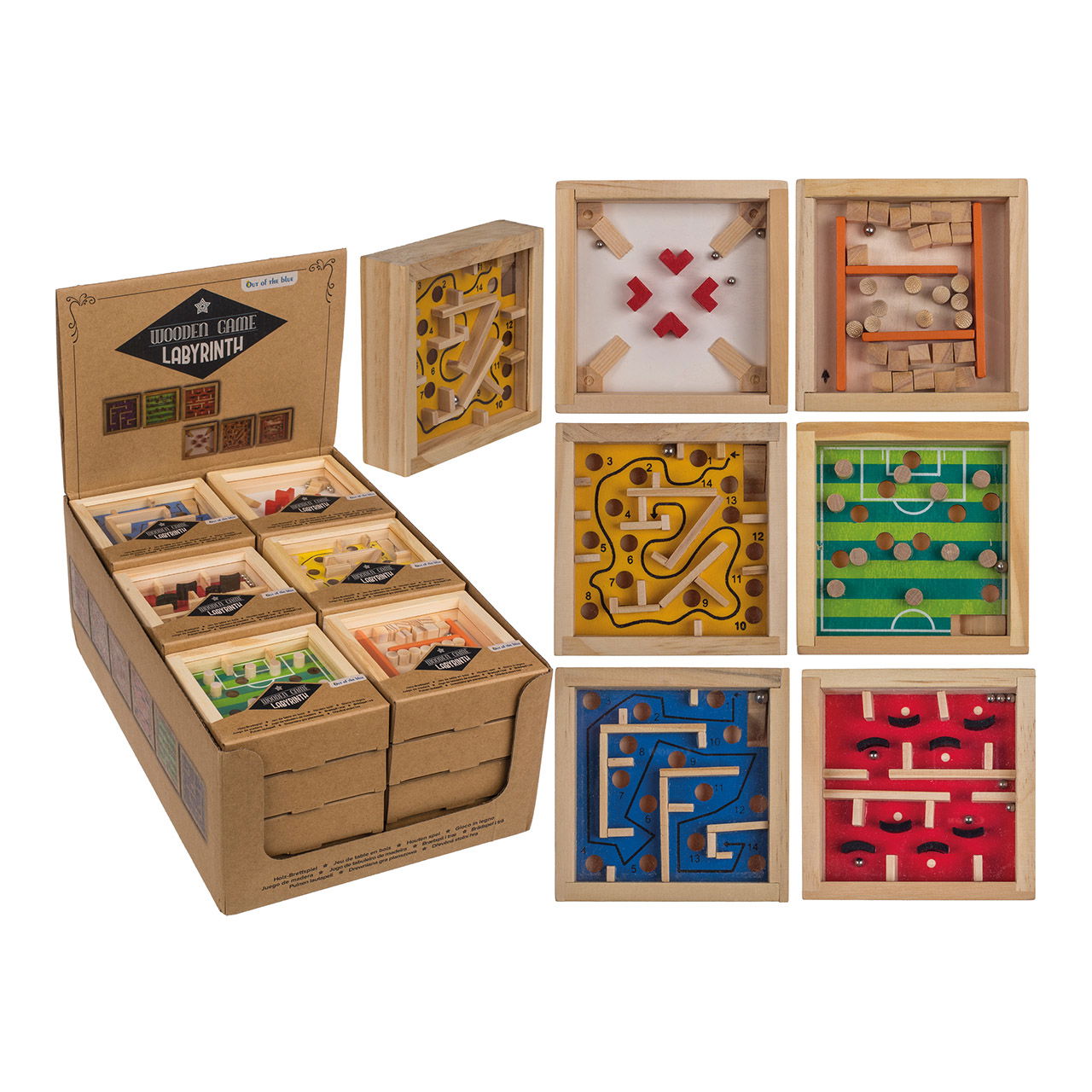 Holz Geschicklichkeitsspiel, Labyrinth, aus Holz bunt 6-fach, (B/H/T) 9x9x1cm Holz Geschicklichkeitsspiel, Labyrinth, aus Holz bunt 6-fach, (B/H/T) 9x9x1cm