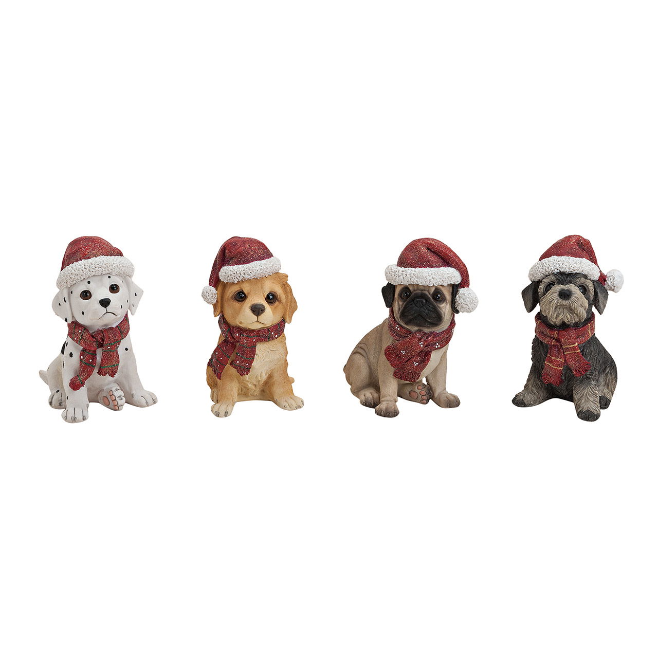 Hond met kerstmuts van poly, 4 assorti (w/h/d) 13x16x8 cm