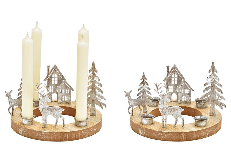 Couronne de l'Avent, porte-bougies, en bois/métal argenté (L/H/P) 19x14x19cm