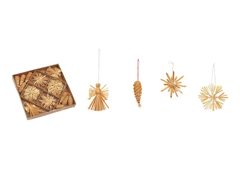 Set de pendentifs de Noël en paille (L/H/P) 6x6x0.3 cm, naturel Set de 28, (L/H/P) 19x2x19cm