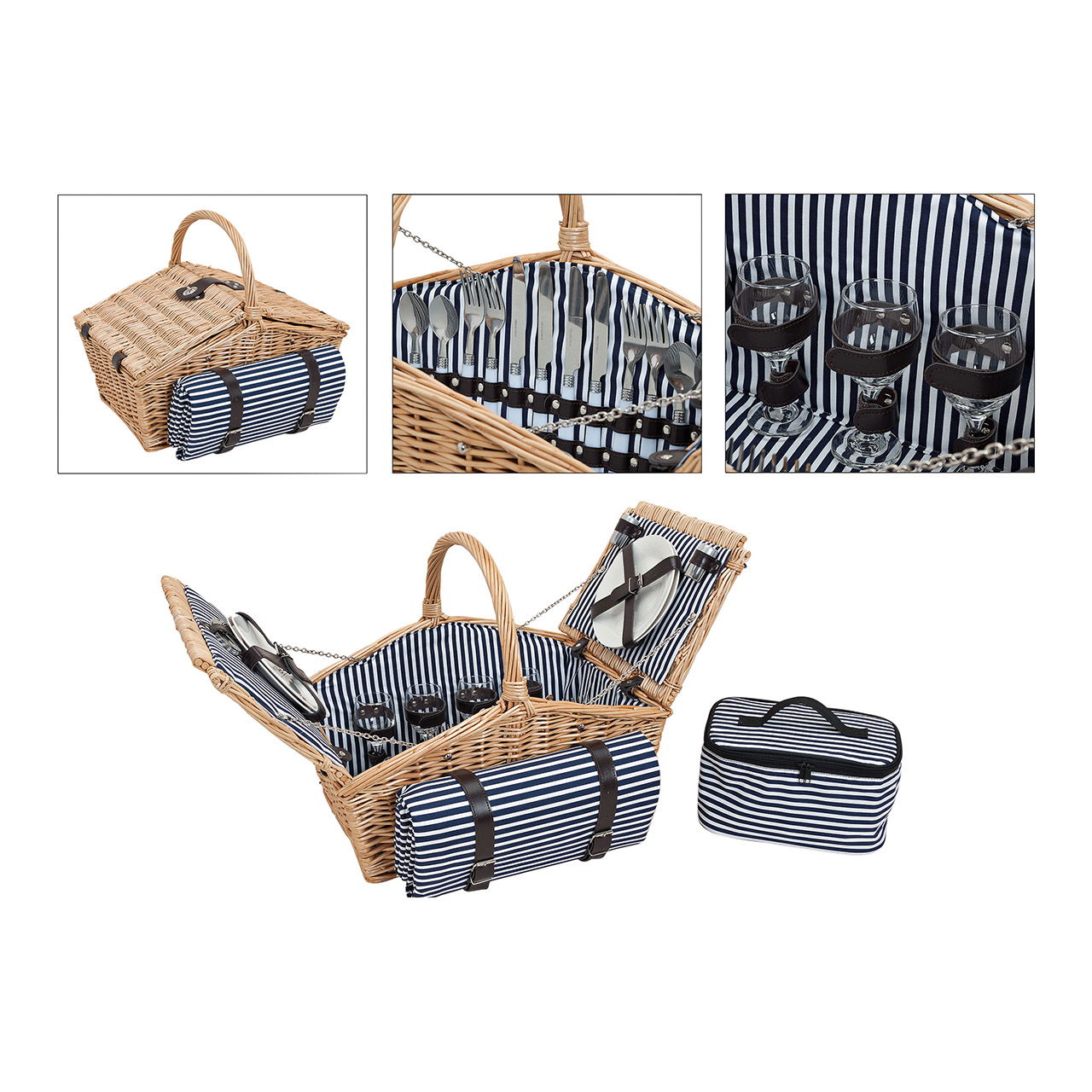 Cesta de picnic para 4 personas hecha de sauce, 26 piezas, W48 x D32 x H40 cm