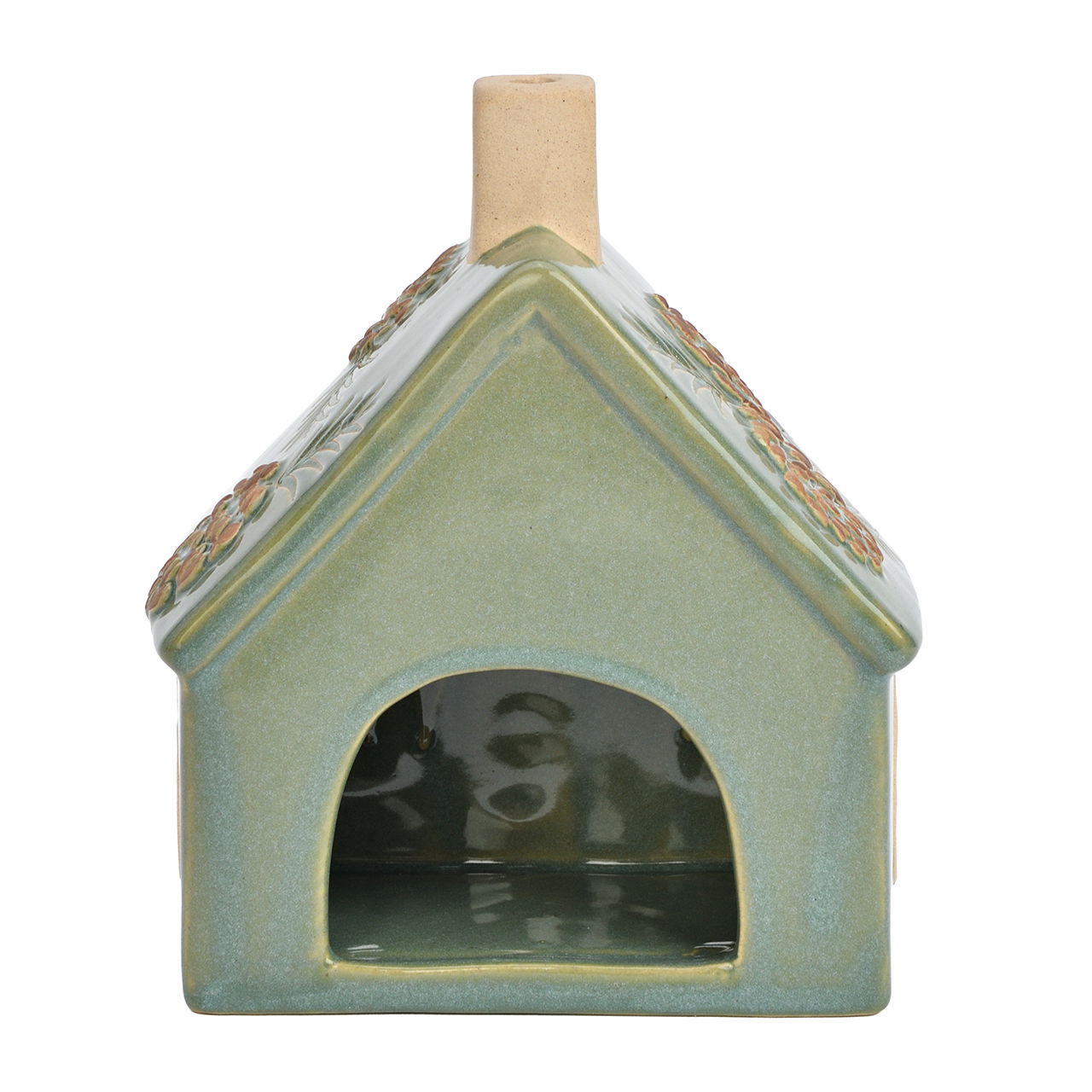 Casa linterna de barro verde (A/A/P) 13x16x8cm Miniaturhaus, Keramik, Vogelhaus, Grün, Kaminrohr