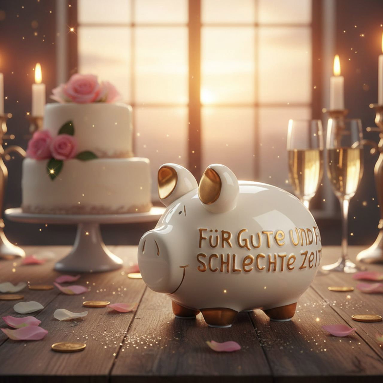 Schweinefigur, Sparschwein, Gläser, Kuchen, Hochzeitstag, Geldsparschwein, Dekoration, Porzellan, Goldakzente, Rosen
