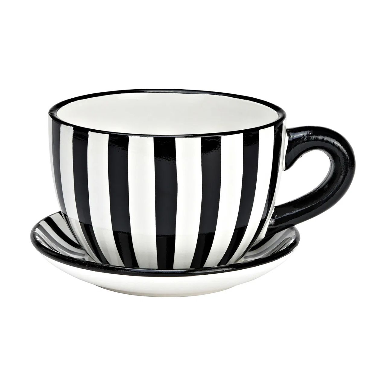 Pflanztasse gestreift aus Keramik, Schwarz (B/H/T) 25x14x23cm Untertasse, Tasse