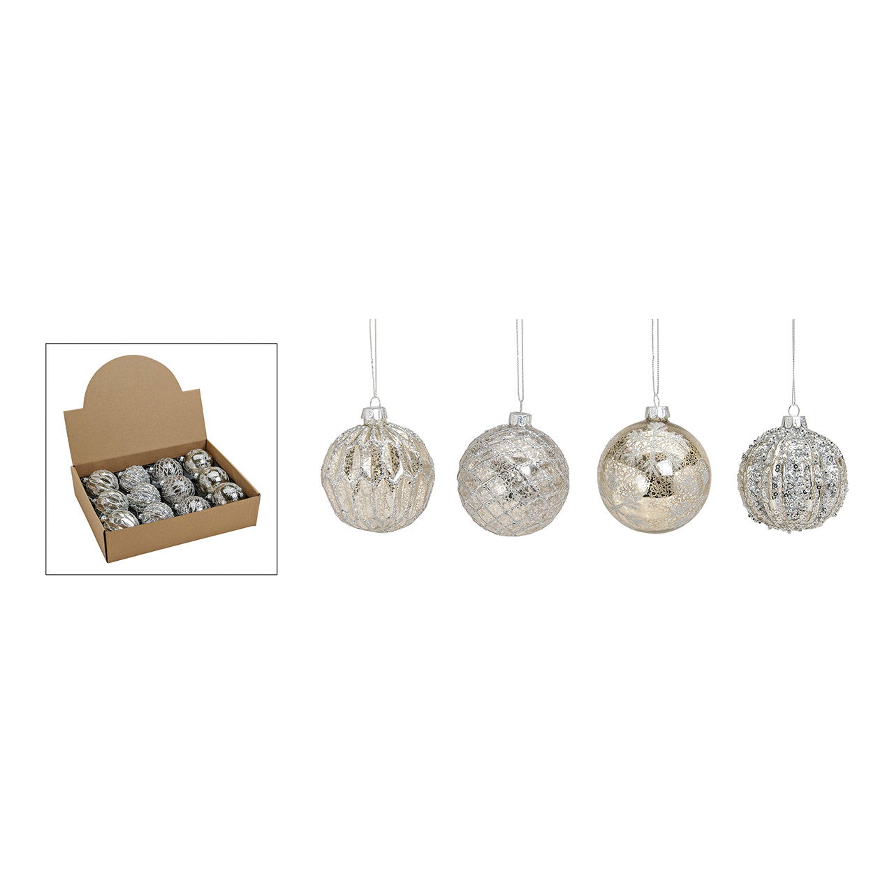 Adorno navideño de cristal con purpurina, 4 pliegues, plata Ø8cm Zubehor, Ohrring, Schmuck, Kiste, Silber
